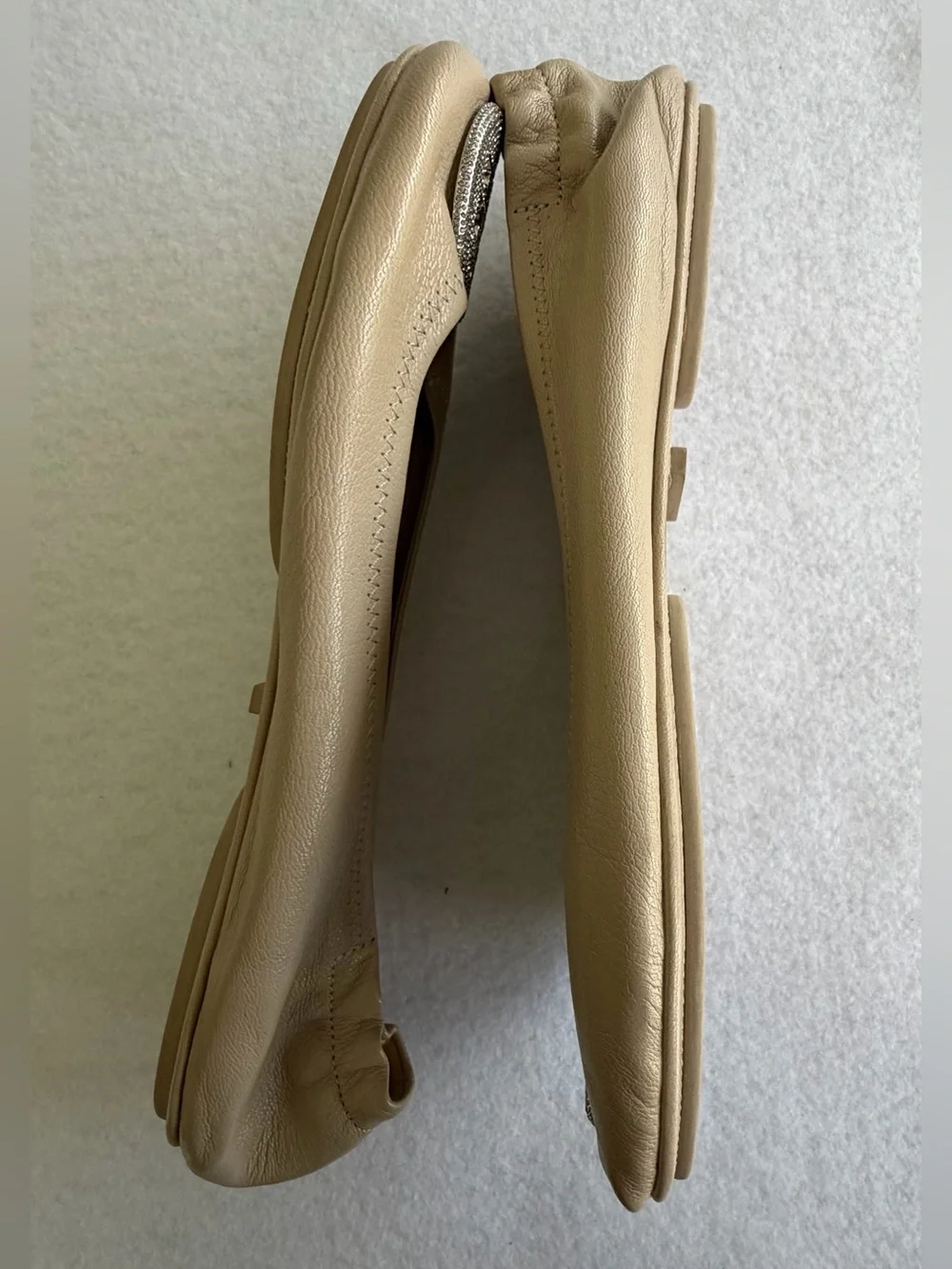 Tory Burch Minnie Travel Ballet Flats Beige Leather Crystal Pave Logo